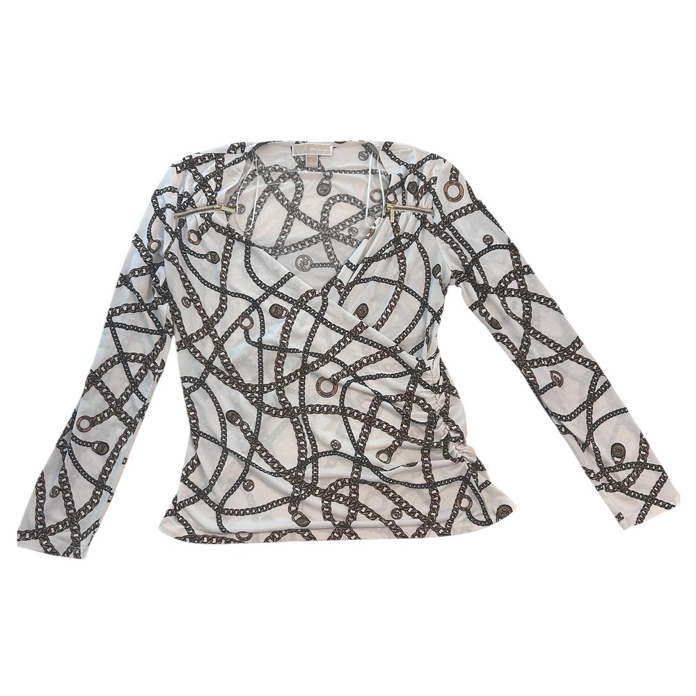 Michael Michael Kors Womens White Chain Print V Neck Jersey Blouse Large - Picture 5 of 9